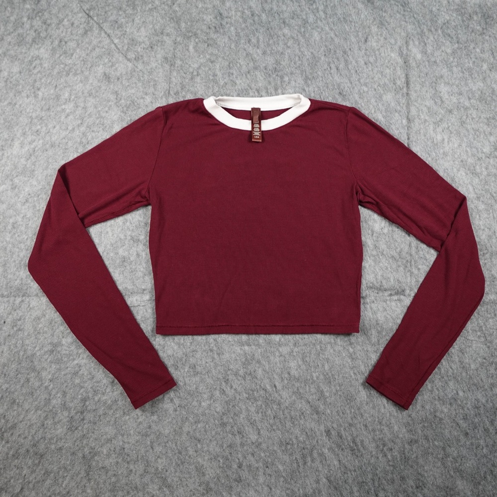 Skims Top Women Large Burgundy Ribbed Long‎ Sleeve Cropped Ringer Crewneck Modal